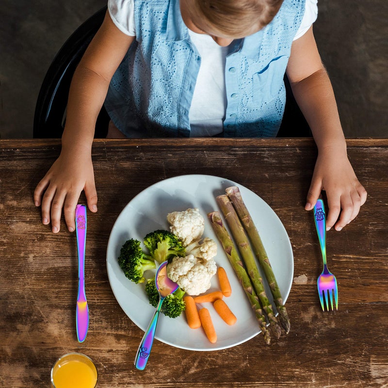 GlossyEnd 9 Piece Stainless Steel Rainbow Kids Cutlery, Child and Toddler Safe Flatware, Kids Silverware, Kids Utensil Set Includes 3 Knives, 3 Forks, 3 Spoons, Total of 3 Settings, Ideal for Home and Preschool - Image 5